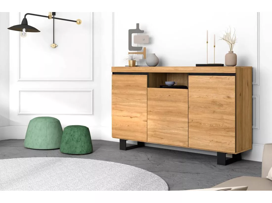 Buffet salon Salle à manger bureau Couleur Chêne/Noir 3 Portes 1 Compartiment 140x40x92cm