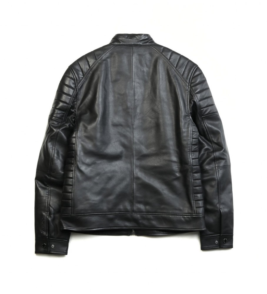 Jaqueta de couro napa preta estilo motociclista da Calvin Klein