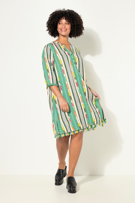 Kleid, kurze A-Line, Musterstreifen, Knopfleiste, 3/4-Ärmel