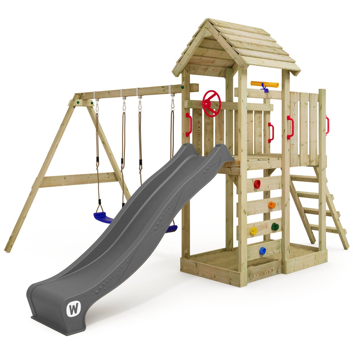 WICKEY MultiFlyer Speeltoren Klimrek met Houten Dak, Schommel en Glijbaan, Klimtoren met Houten Dak, Zandbak, Ladder en Speelaccessoires - Antraciet