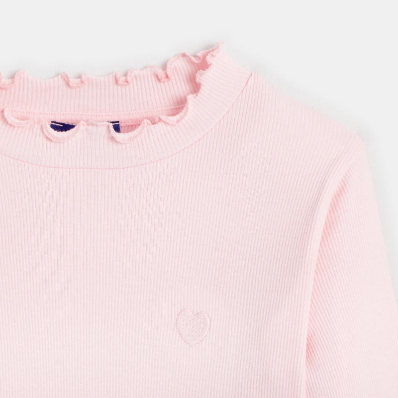 T-shirt côtelé broderie cœur rose fille