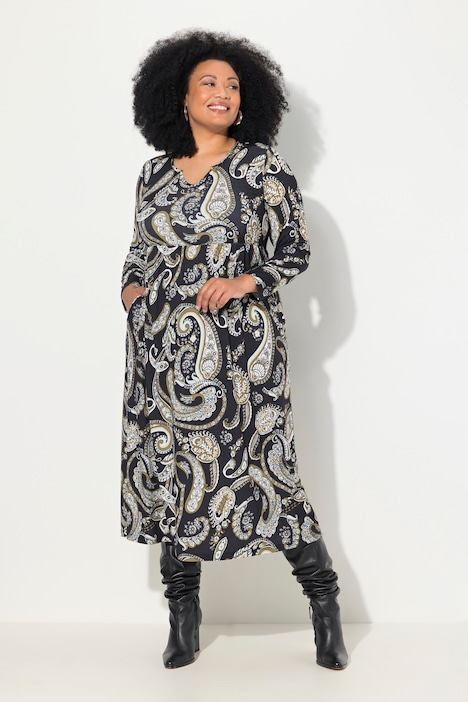 Jerseykleid, A-Linie, Tunika-Ausschnitt, Langarm