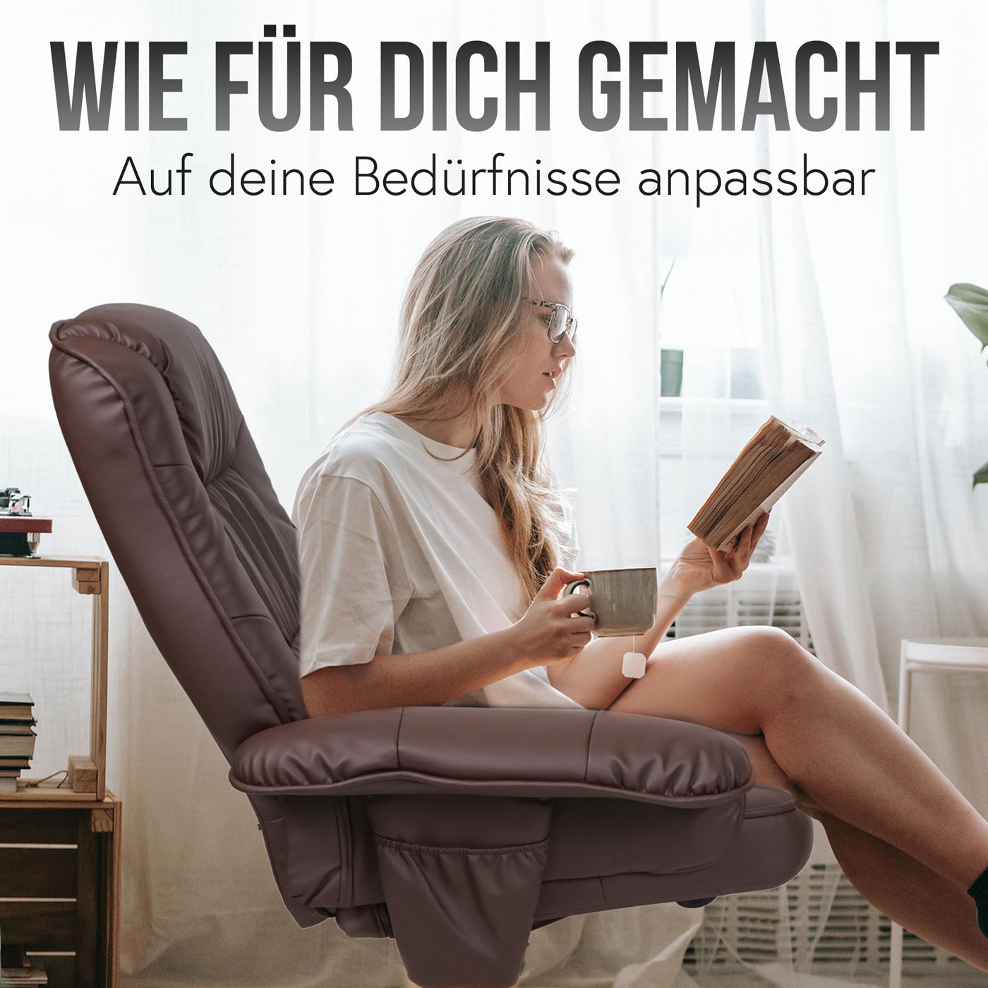 Relaxsessel H56, Fernsehsessel TV-Sessel mit Hocker Ottomane, Kunstleder Eukalyptus Holz MVG-zertifiziert ~ schwarz