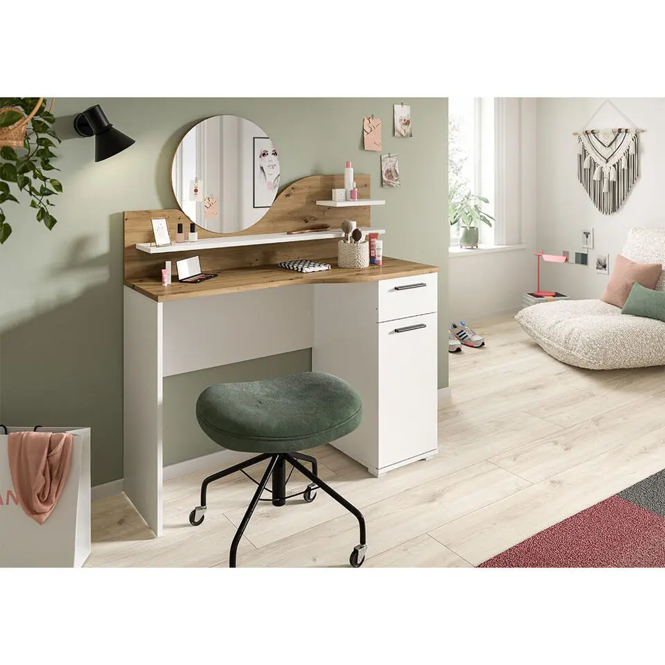 Hioshop Vanity kaptafel met spiegel 1 lade 1 deur 2 planken wit