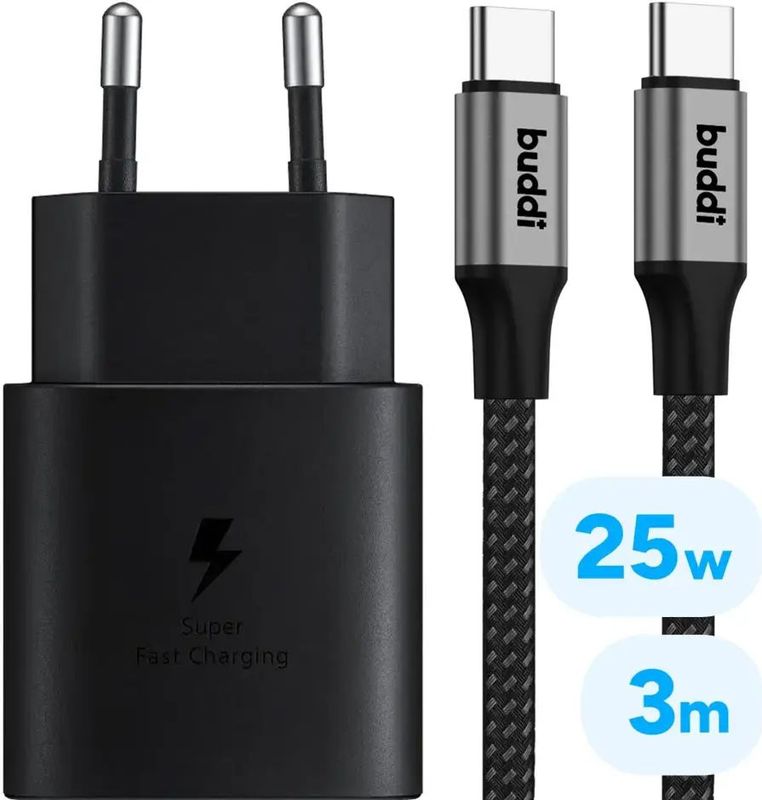 Samsung - 25W Power Adapter - Zwart - USB-C Snellader met Buddi Flex Kabel 3M