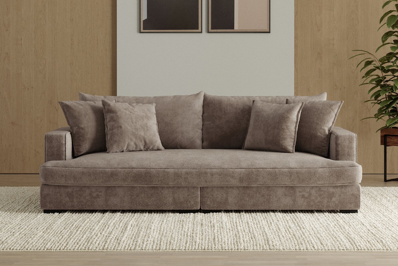 Rossi 3-seter sofa (1 setepute) Tekstil Genesis 6 Mink, arm A med sorte ben. Std. Komfort.