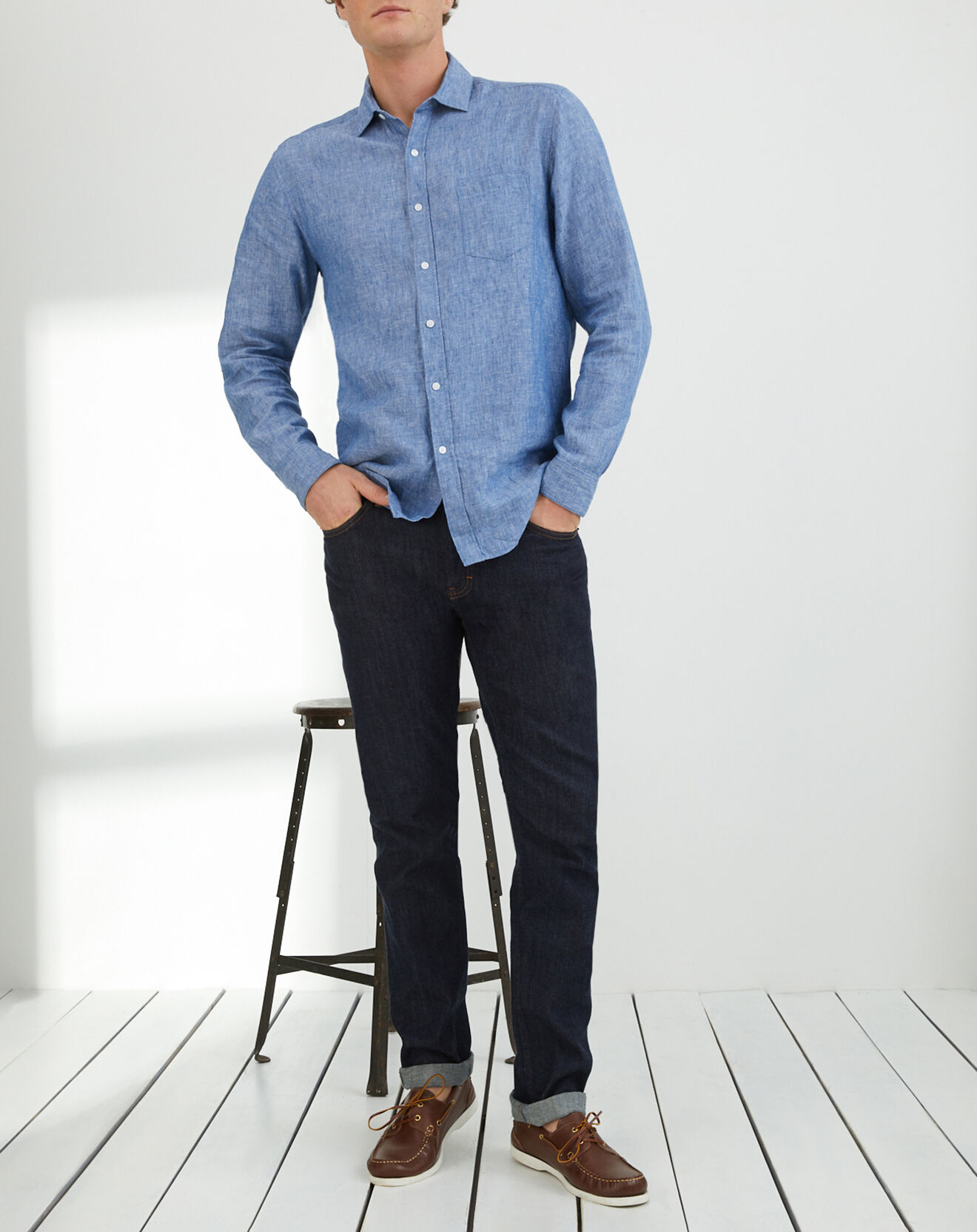 Cyrillus Chemise regular fit 100% Lin bleu denim