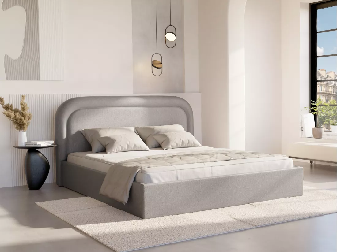 Lit coffre 180 x 200 cm - Tissu chiné - Gris clair - FIREZA