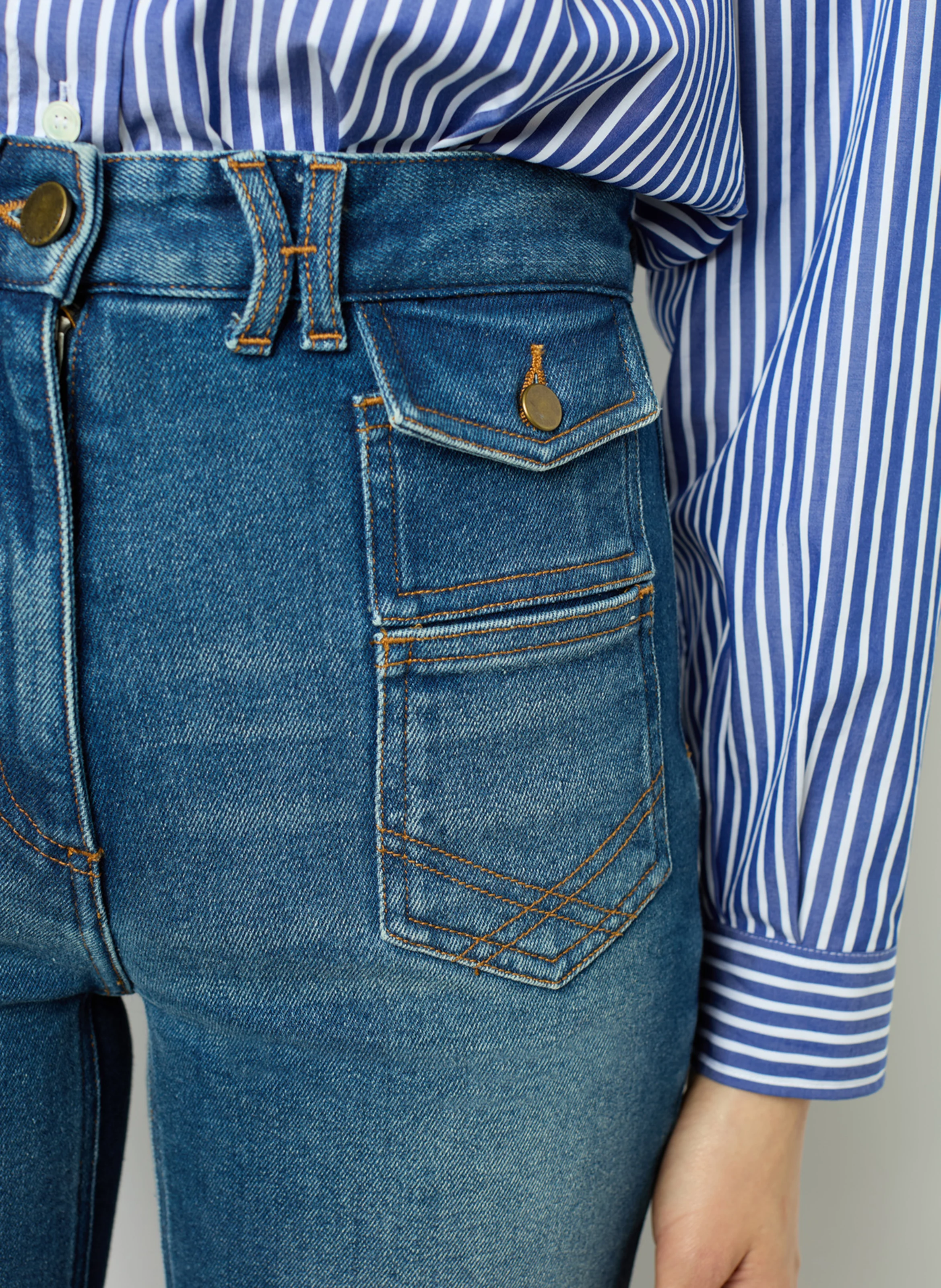 ANNA - Jean flare taille haute en coton mélangé | Bleu