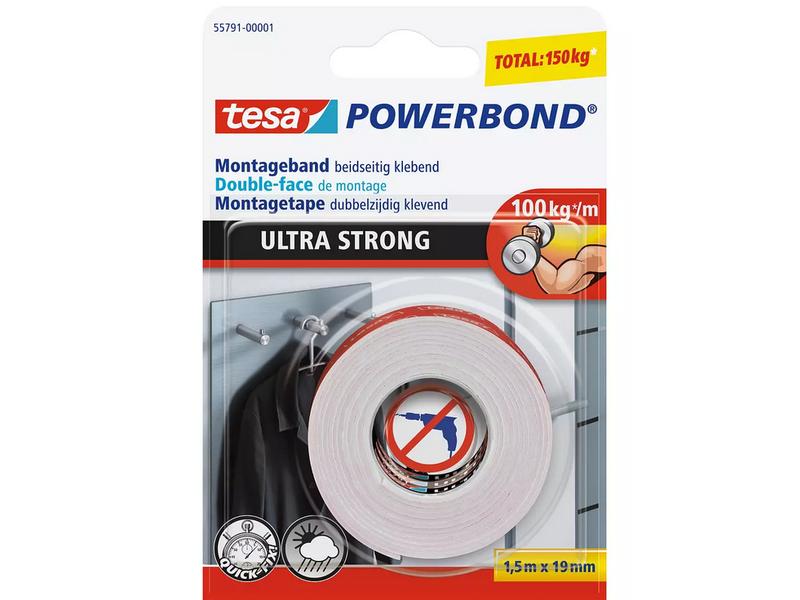 tesa Montageband -Set Powerbond Ultra Strong 2x 1.5 m x 19 Doppelseitiges Montageband zur permanenten Befestigung im Aussen- und Innenbereich, 2er-Pack