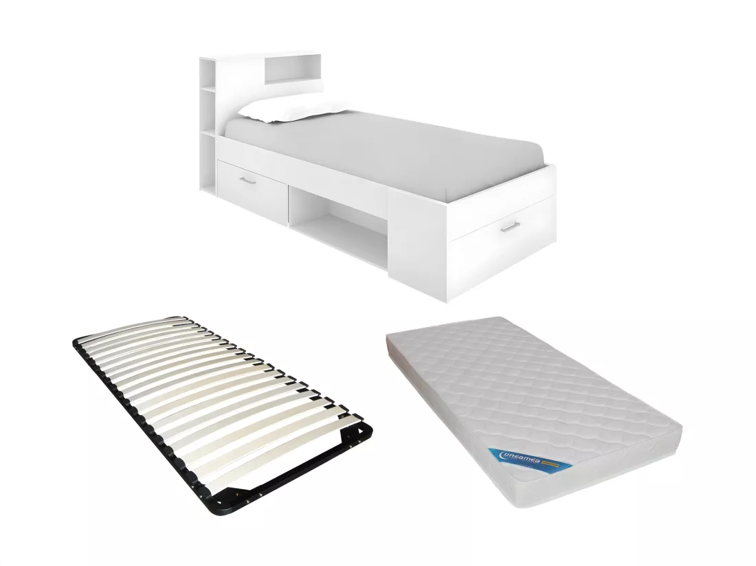 Lit avec tête de lit rangements et tiroir - 90 x 190 cm - Blanc + matelas + sommier - LEANDRE
