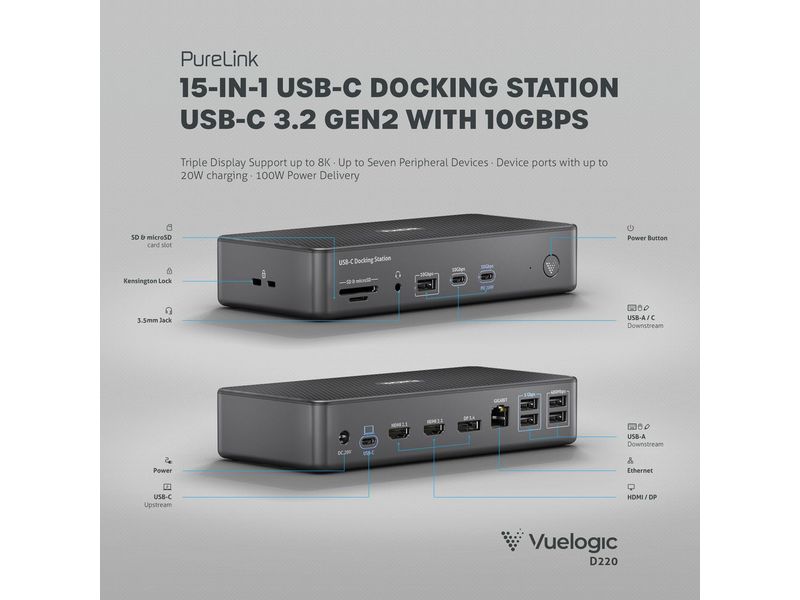 PureLink Dockingstation USB-C VL-D220 Vuelogic USB-C Dock D220 – Dreifach-Display USB3.2 Gen2 MST Dock für den Schreibtisch - 8K-Unterstützung