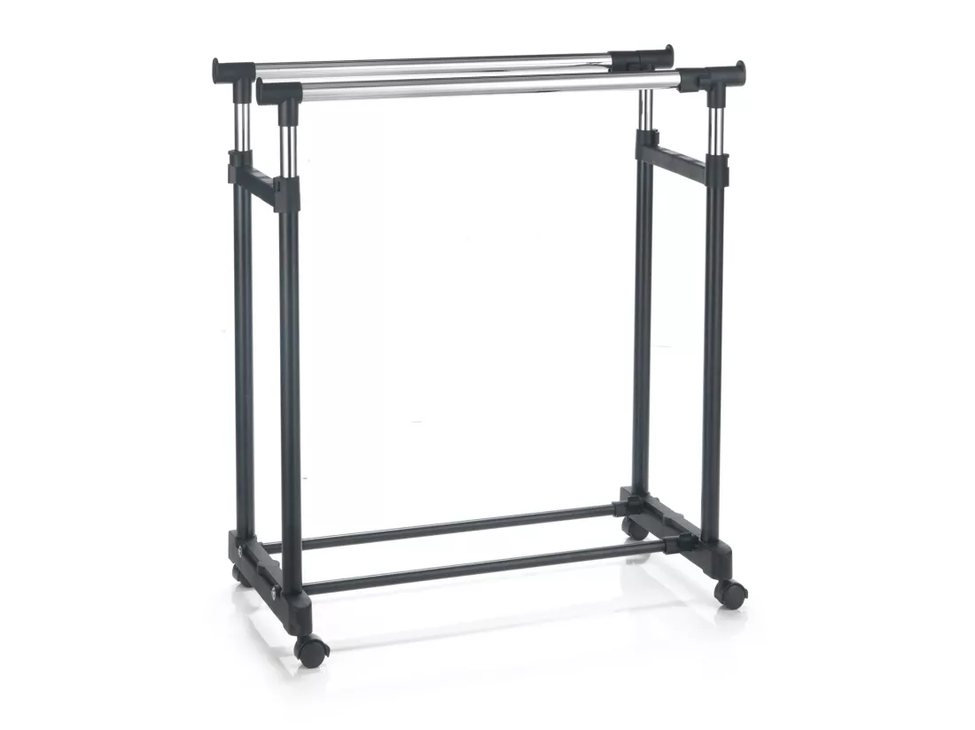 Portant à vêtements CASA en métal chromé et noir, penderie double sur roulettes avec 2 barres hauteur et longueur réglables