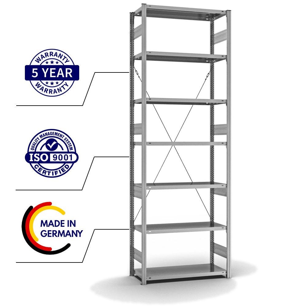 PROREGAL Stellingkast, insteeksysteem, T-profiel, extra zwaar, basiskast, hxbxd 300 x 100 x 40 cm, 7 legborden, draagvermogen 315 kg, toegang aan één zijde, gegalvaniseerd