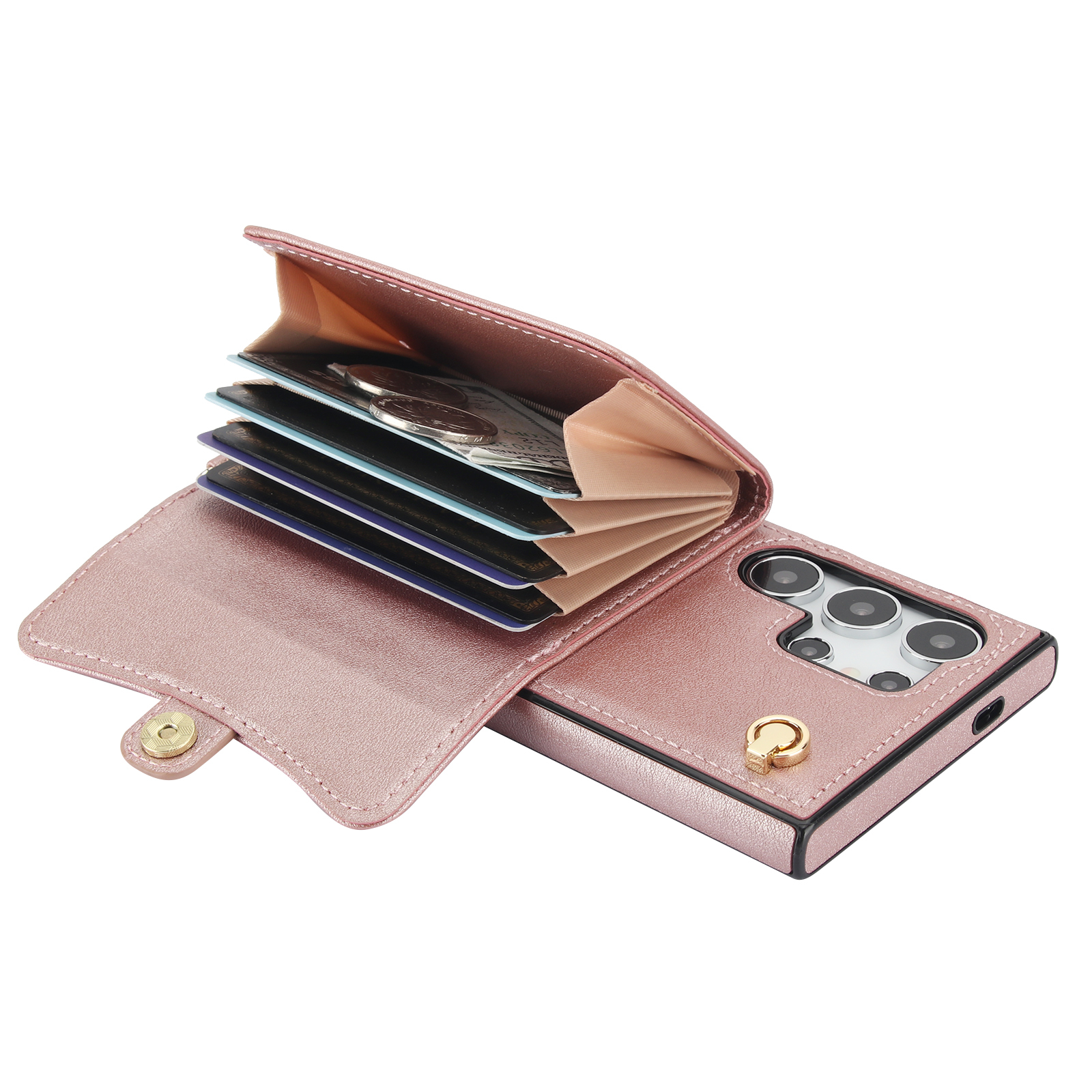 Samsung Galaxy S25 Ultra Necklace Leder Schutz Hülle mit Kartenfach   Handykette (140cm) - Roségold