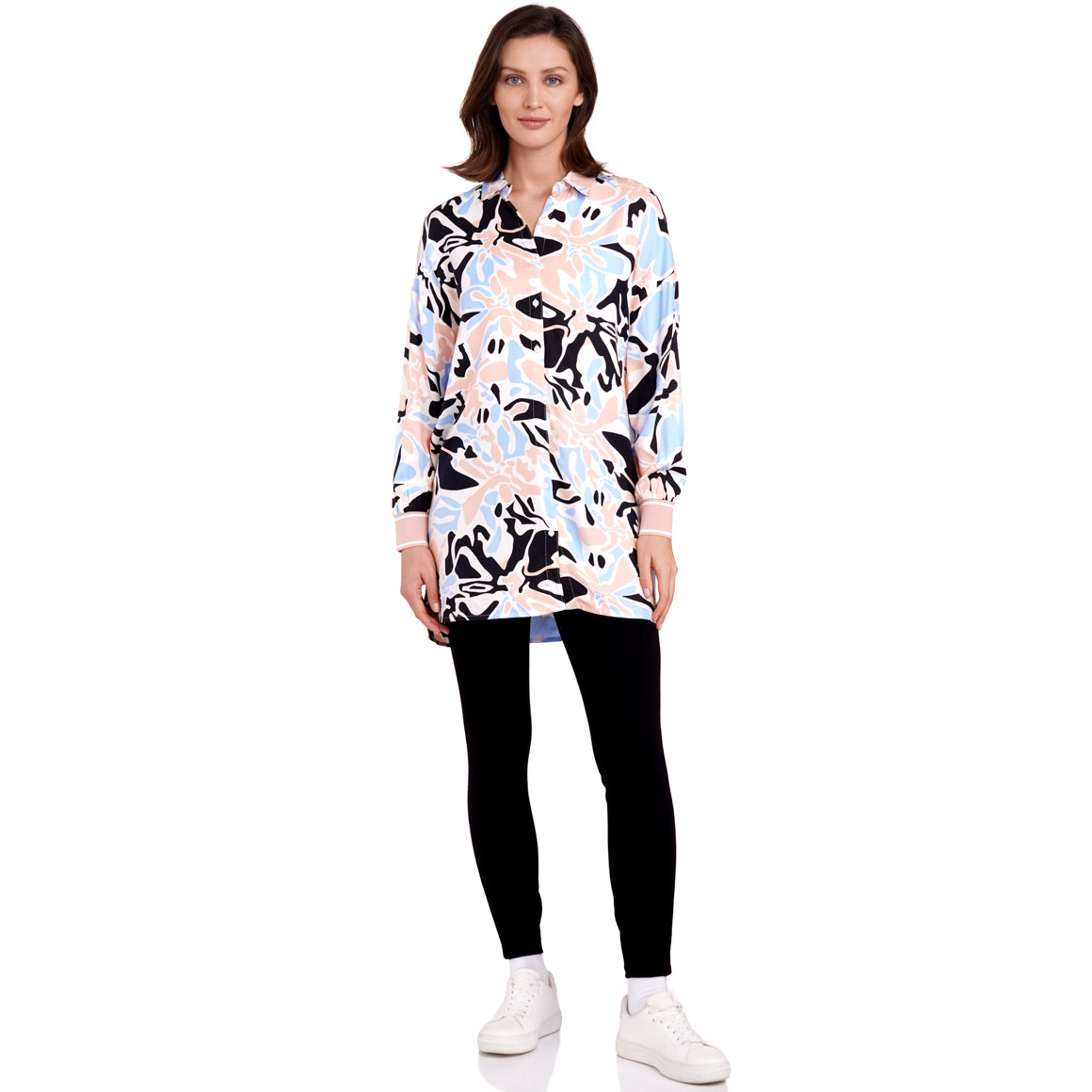 Gina Benotti Damen Longbluse mit abstraktem Muster weiss / rosa / hellblau