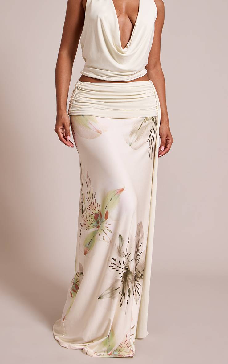 Crème Jupe Longue Imprimée Taille Froncée Co-ord Petite