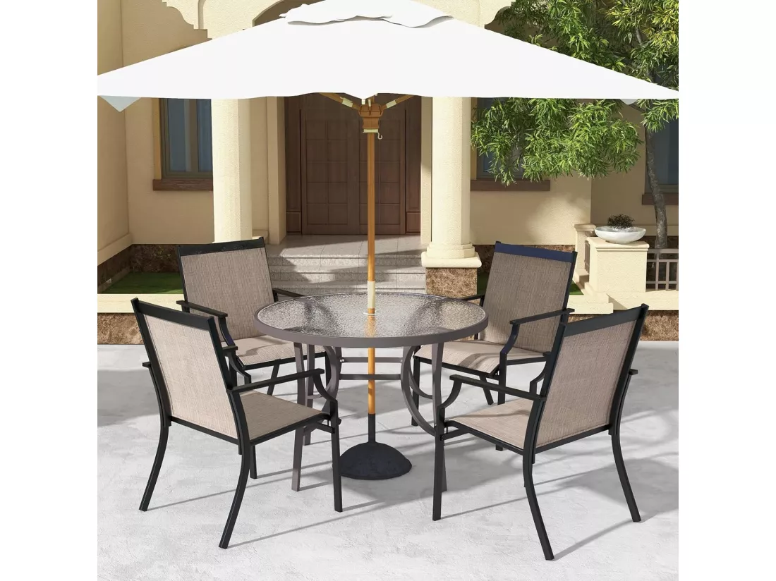 Lot de 2 Chaises de Jardin avec Cadre en Métal, Chaises de Salle à Manger pour l’Extérieur en Teslin à Séchage Rapide, Fauteuil d'Extérieur pour Cour, Balcon, Piscine, Charge 150 KG(Café)