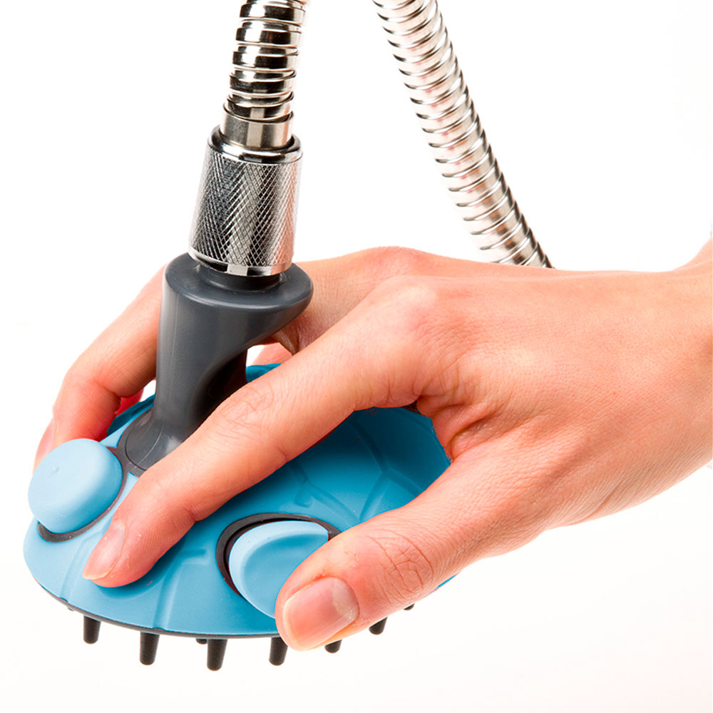 Douche pour chiens, dog shower, avec dents masseurs en caoutchouc et distributeur de savon