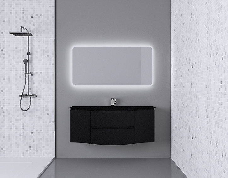 Ensemble Vague L.138 cm meuble sous vasque à suspendre noir mat + plan vasque central verre noir mat
