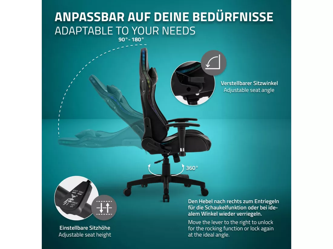 Chaise de jeu ergonomique avec LEDs fauteuil de bureau noir avec bluetooth boxes