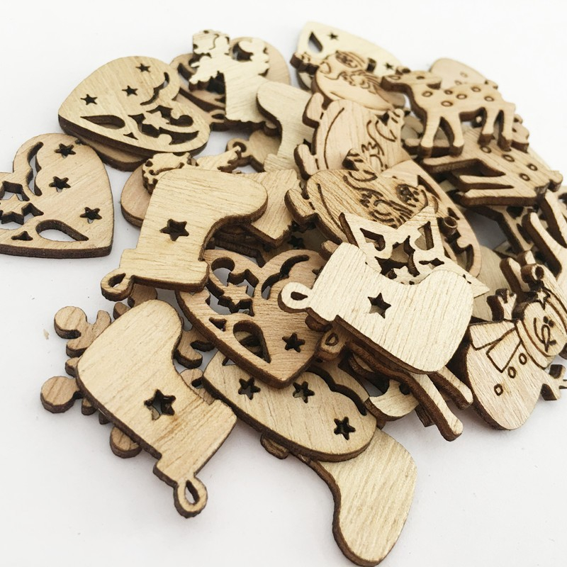 (50er Set) Christmas Deko Holz Weihnachts Tischdekoration Glocke / Stern / Engel - Braun