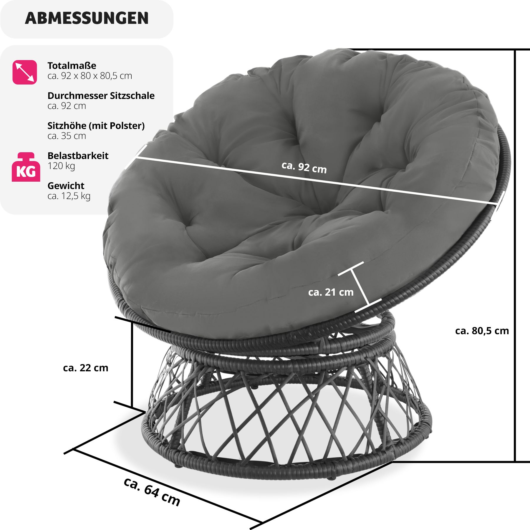 tectake® Rattansessel, drehbar, UV-beständig, 92 x 80 x 80,5 cm