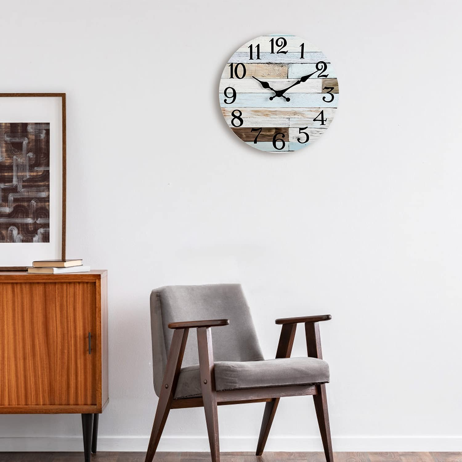 (Ø25cm) Wanduhr Home Dekoration im Holz Design (Batteriebetrieben) - Blau / Braun