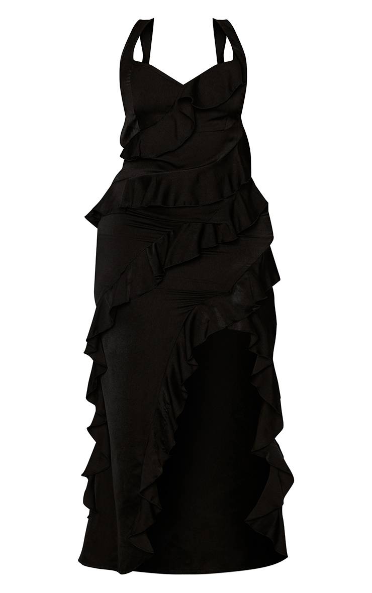 Noir Robe Longue Satinée À Volants Superposés Grande Taille