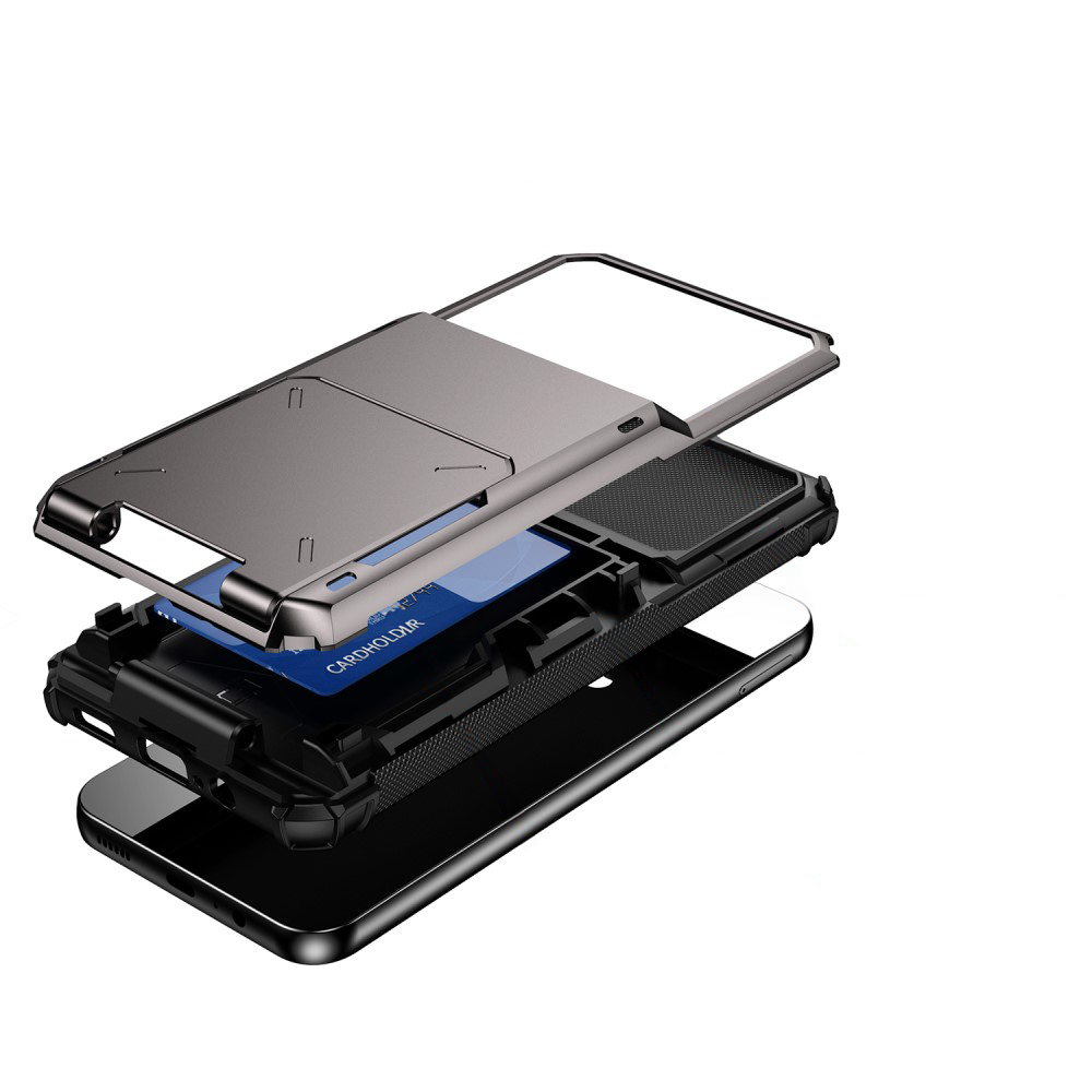 Samsung Galaxy A55 Hybrid Hardcase Hülle mit Aufschiebbarem Kartenfach - Schwarz / Grau