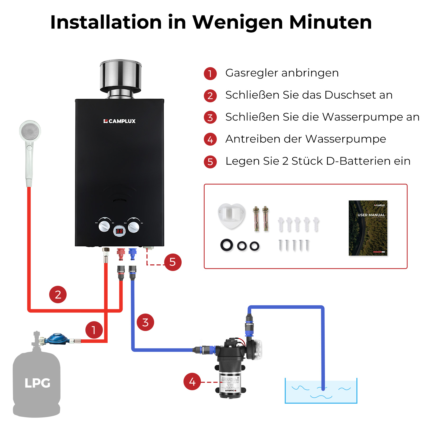 Camplux BW264 10 liter geiser met pomp en regenkap - 50 mbar