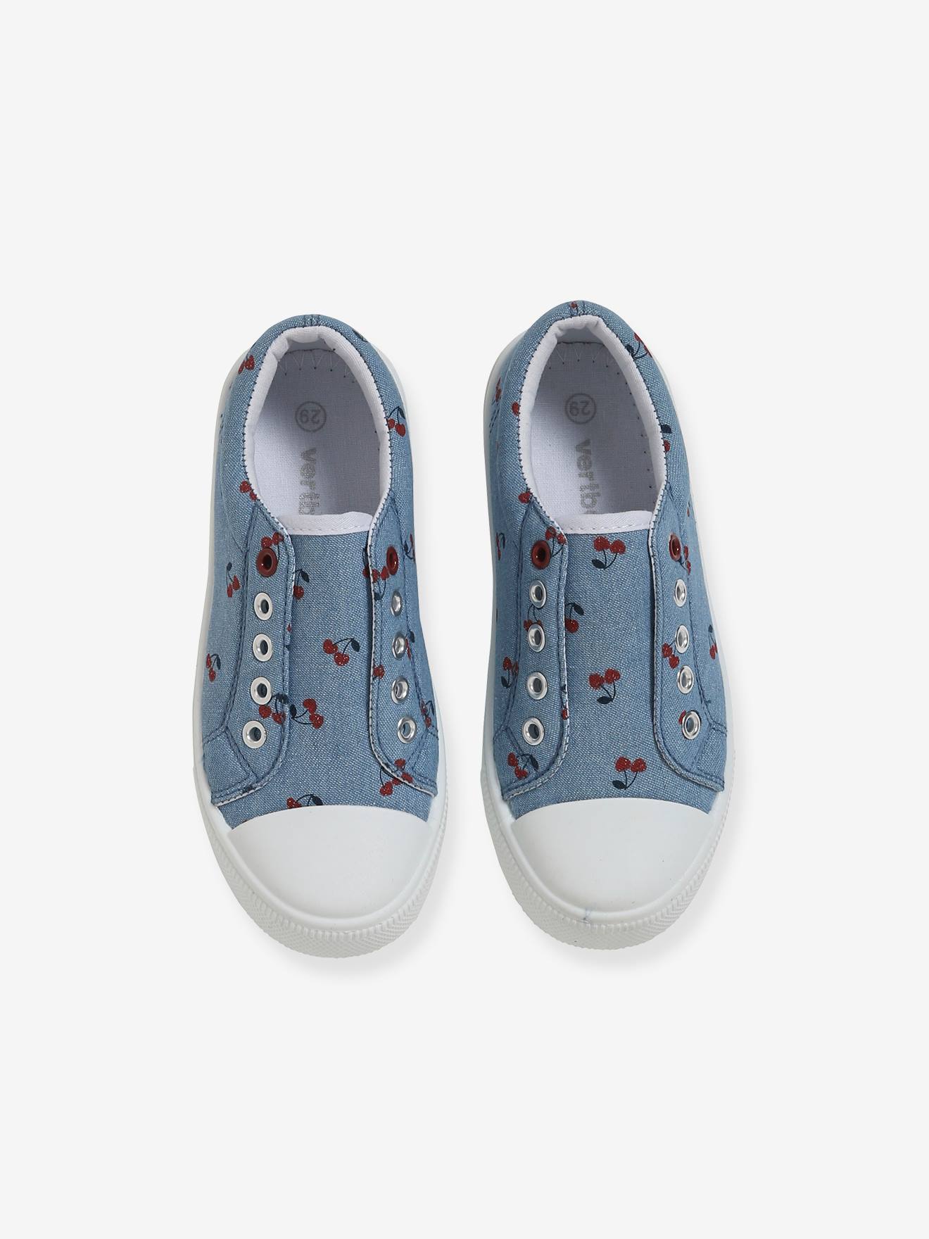 Tênis de tecido elástico para meninas, azul médio liso com estampas.