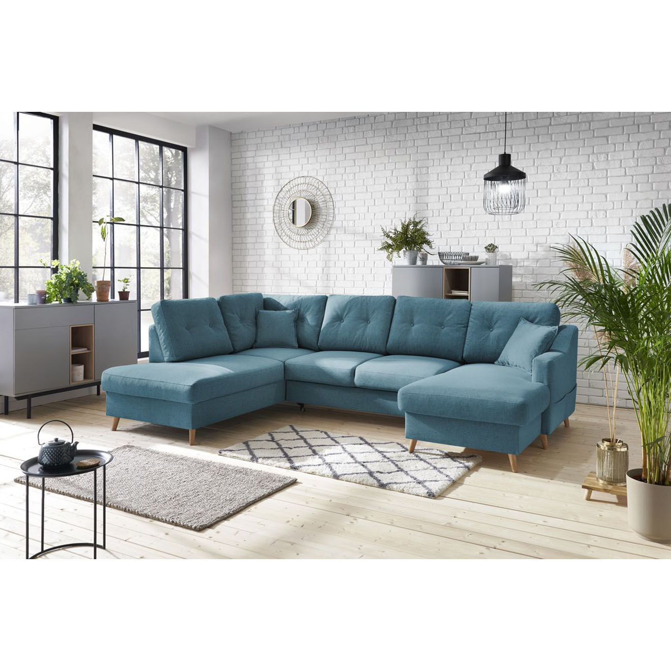 Bobochic Canapé d'angle panoramique convertible droit Sweden bleu clair - 300x149/90/198x95 cm