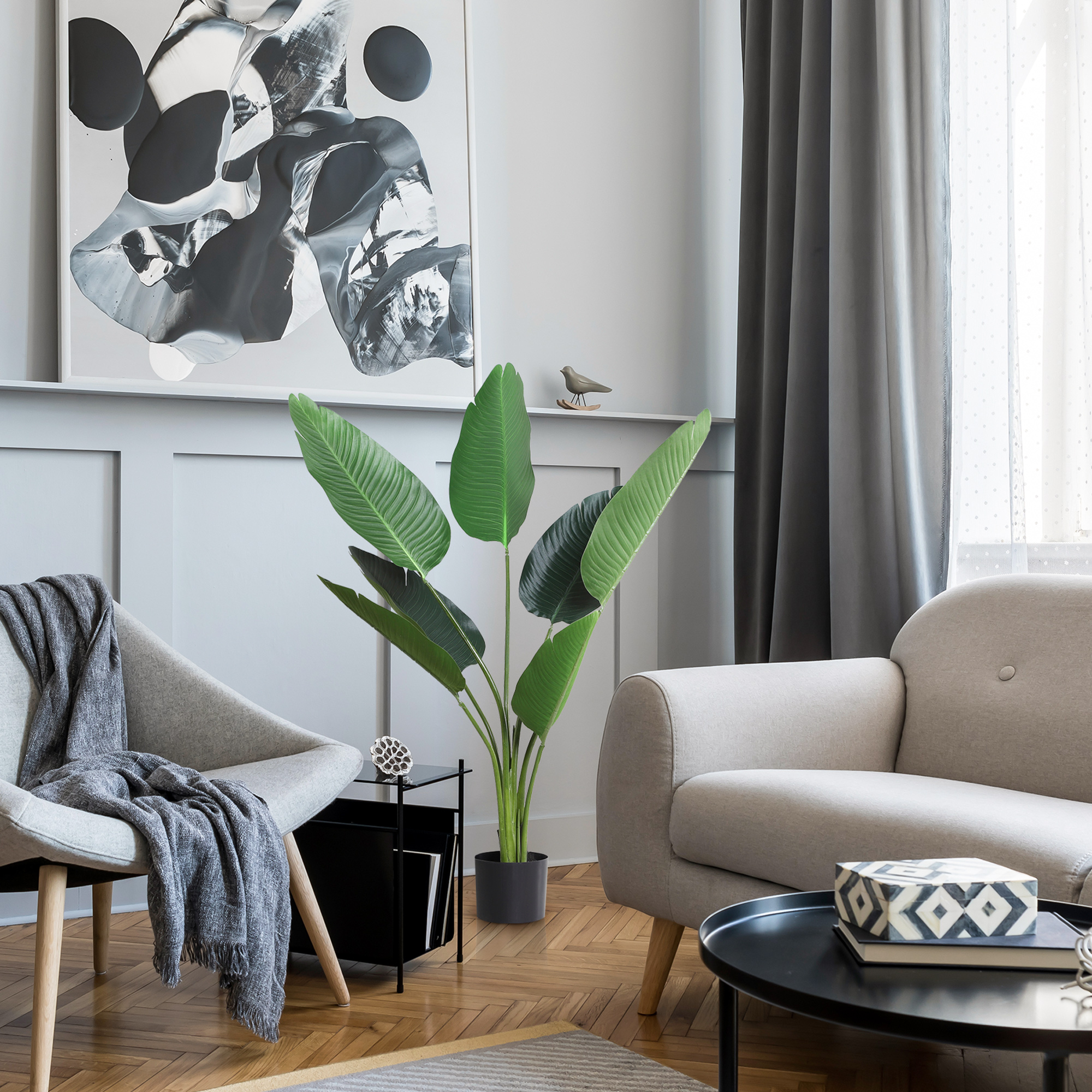 Palmeira artificial Outsunny, planta decorativa realista com vaso, 7 folhas, Ф15x120cm, para uso interno e externo. Não requer instalação.