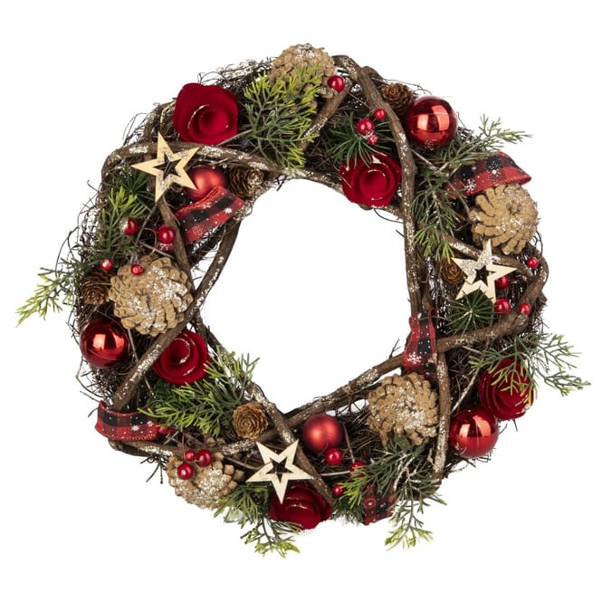 Weihnachtskranz - Sterne und Kugeln - rot/grün/braun/gold - ca. 34 x 9 cm