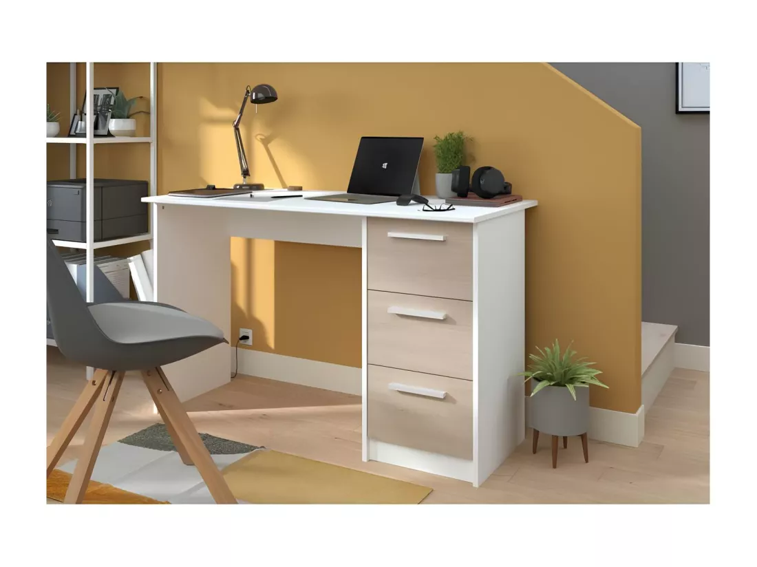 Bureau 3 tiroirs décor chêne et blanc, Essentiel, fabriqué en France, Parisot