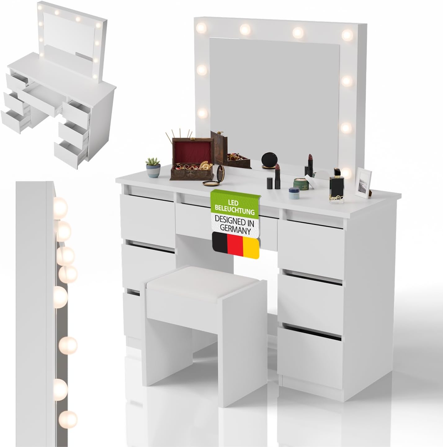 Juskys Schminktisch Talea mit LED-Spiegel und Hocker Melly, 7 Schubladen, individuelle Lichteinstellung, viel Stauraum, modernes Design, kompakt & pflegeleicht — Weiß