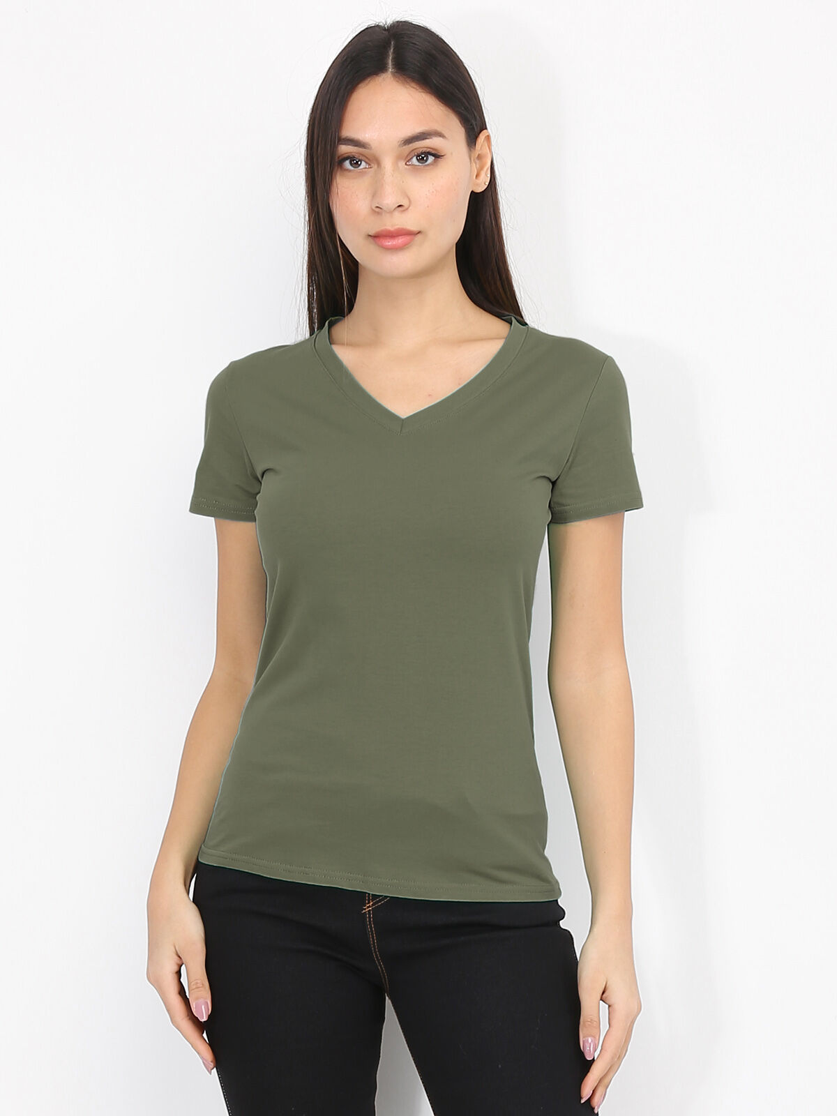 T-shirt basique à col V- Kaki