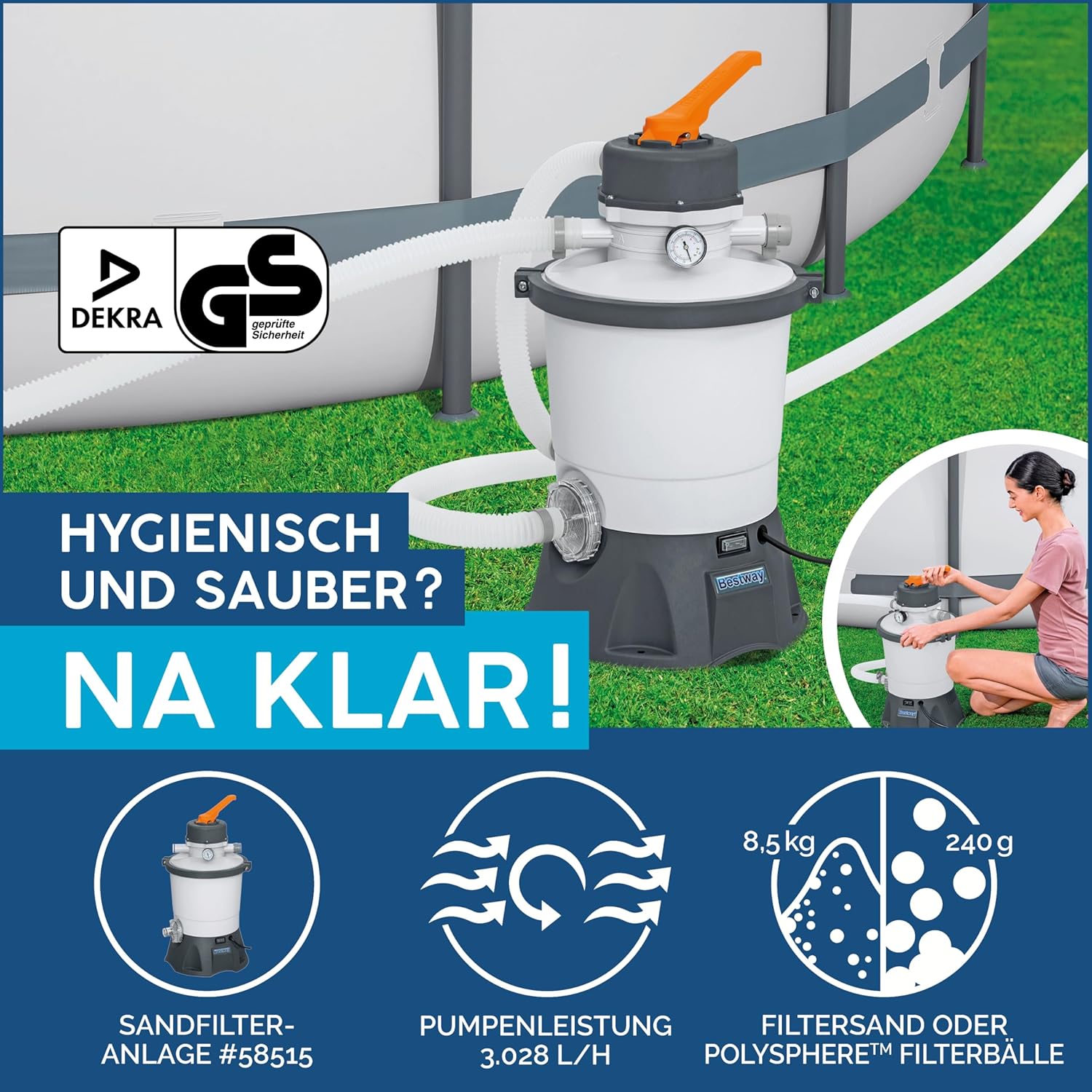 Bestway Power Steel Frame Pool Set mit Sandfilteranlage 412 x 201 x 122 cm, grau, eckig