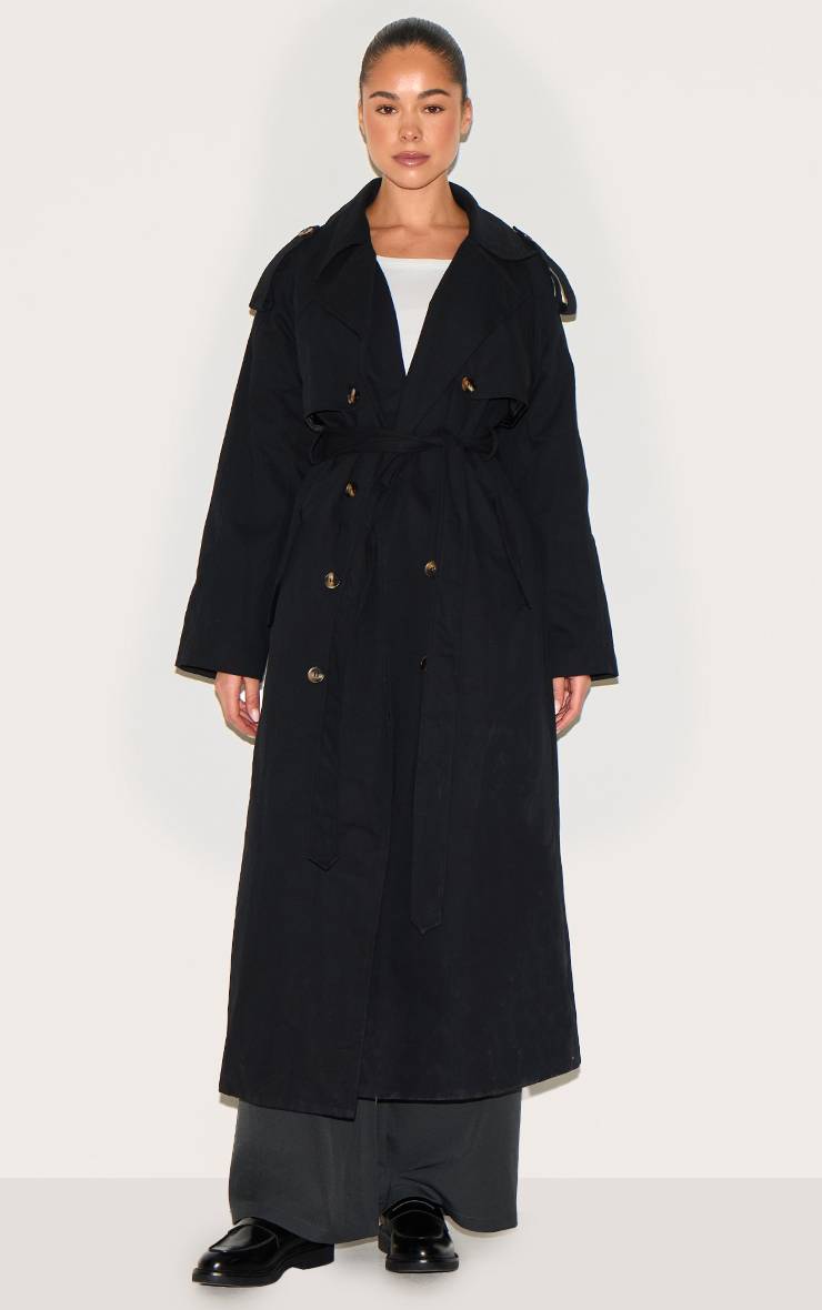 Noir Trench-coat Ceinturé À Double Boutonnage