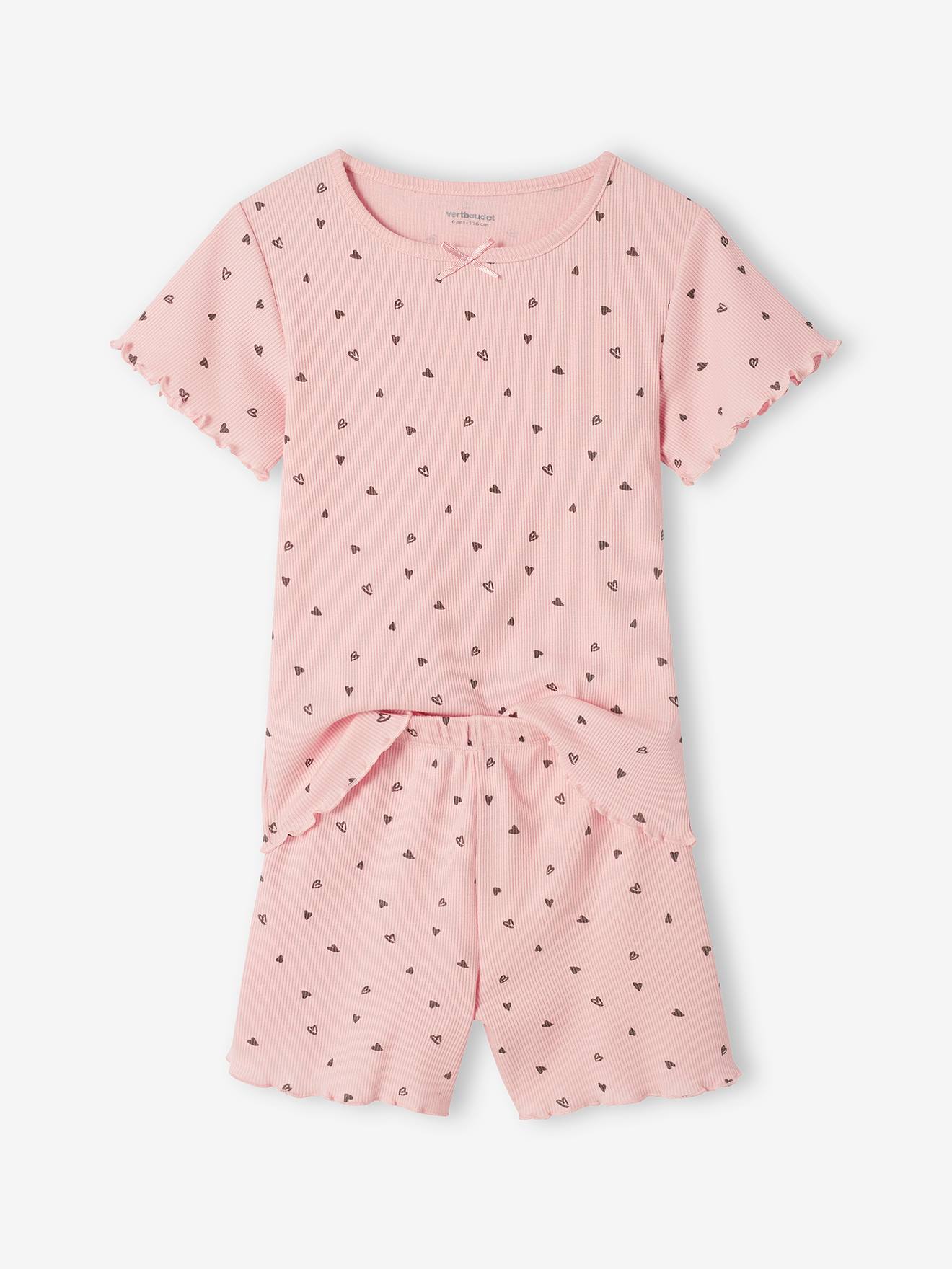 Conjunto de 2 pijamas de malha canelada com shorts para meninas, rosa claro.