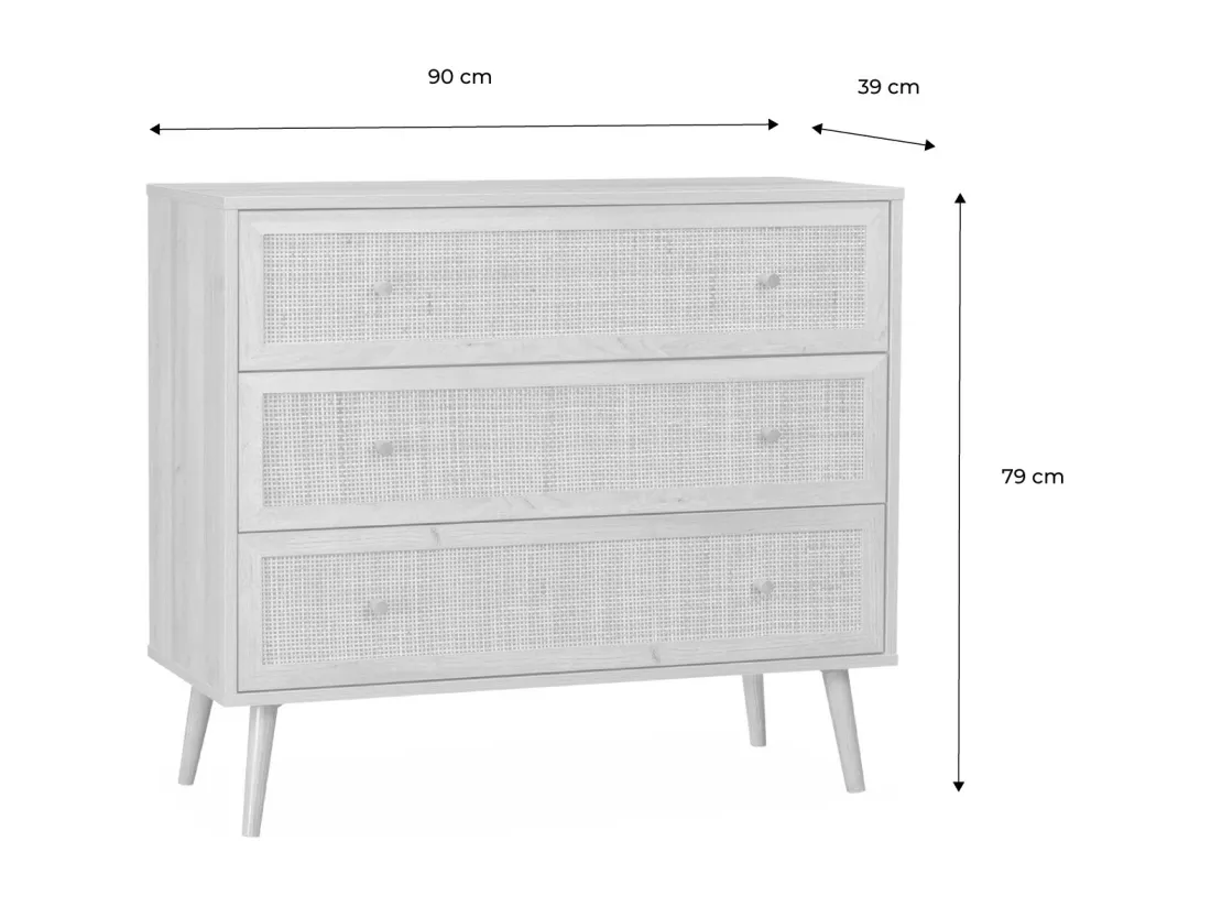 Commode en décor bois et cannage 90x39x79cm - Bohème - 3 tiroirs