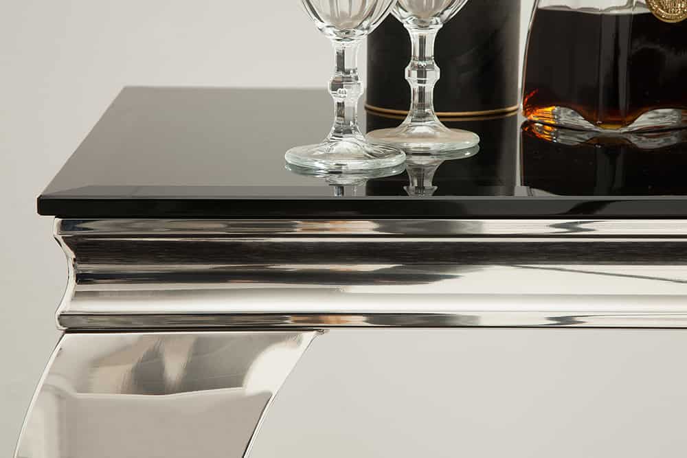 Eleganter Konsolentisch MODERN BAROCK 145cm schwarz Opalglas Edelstahlbeine