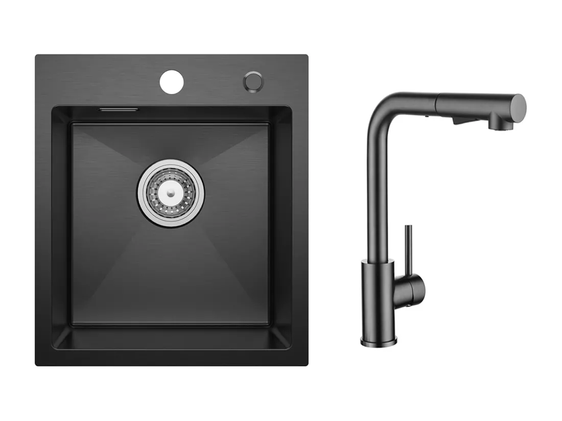 Evier Cuisine 1 Bac Noir Anthracite 40*45*19CM - Évier Inox Évier de Cuisine + Mitigeur Cuisine Avec Douchette Extractible