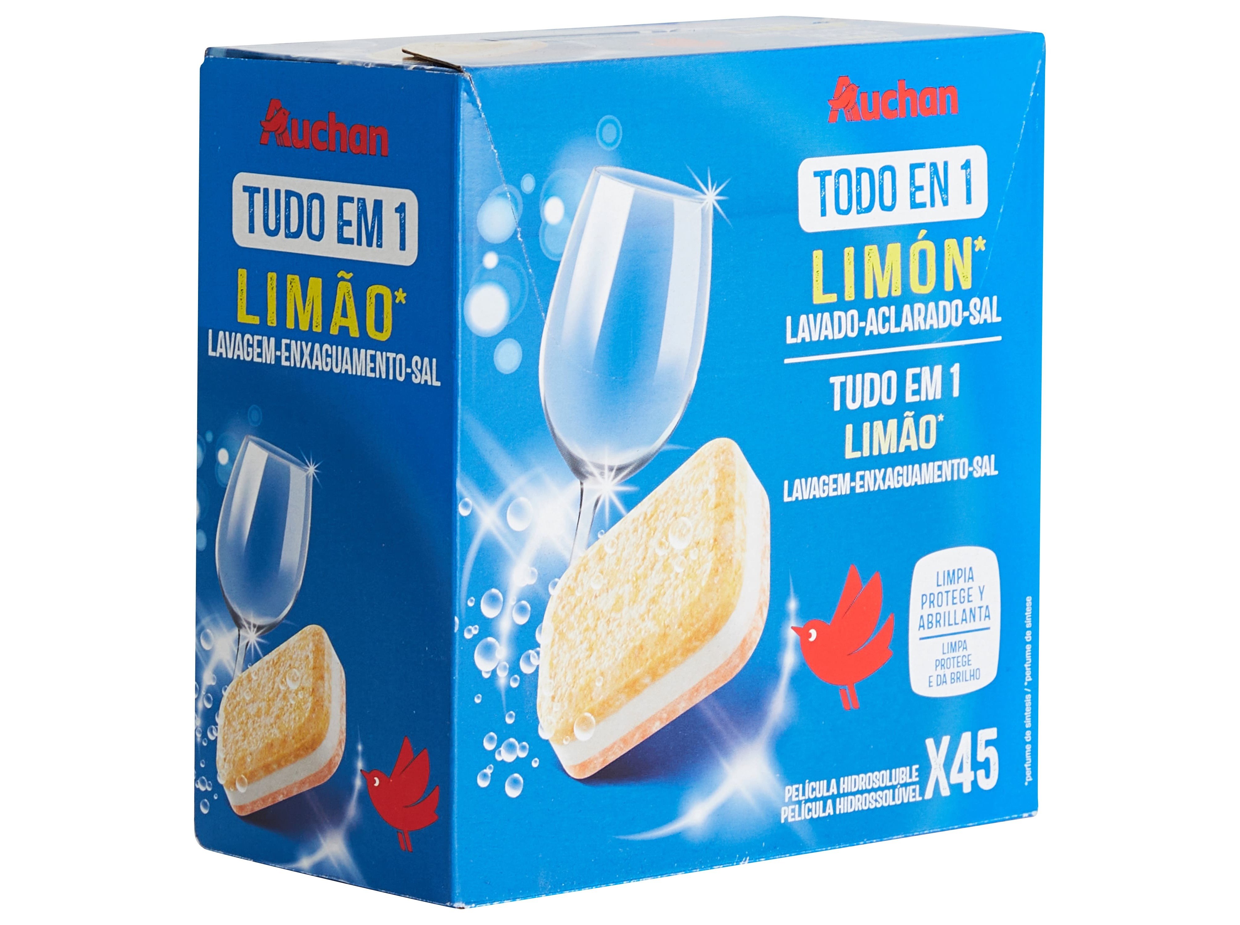 DETERGENTE AUCHAN MÁQUINA LOIÇA PASTILHA TUDO EM 1 LIMÃO 45UN