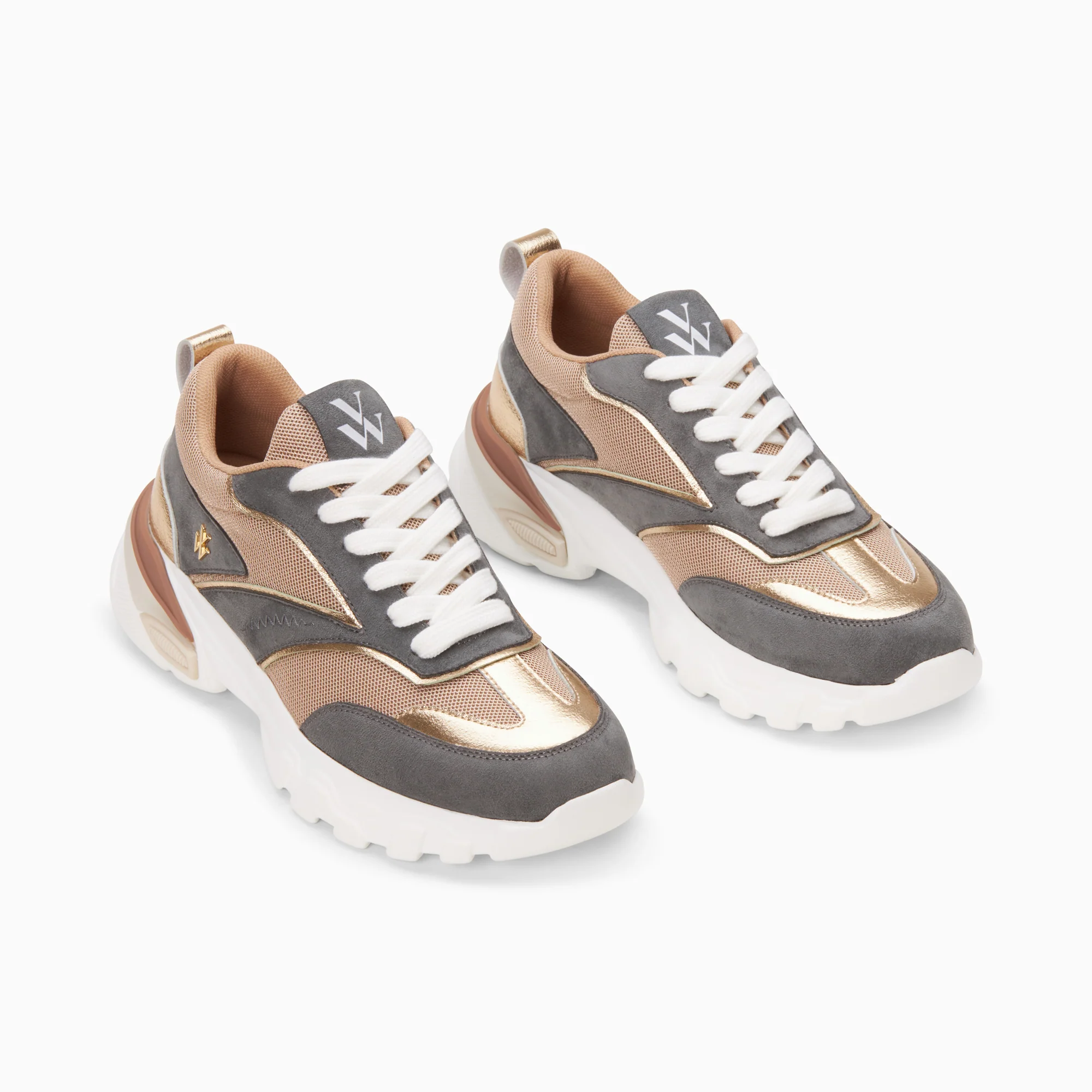 Sneakers-Baskets Agnes gris-bleu et or à semelle oversize
