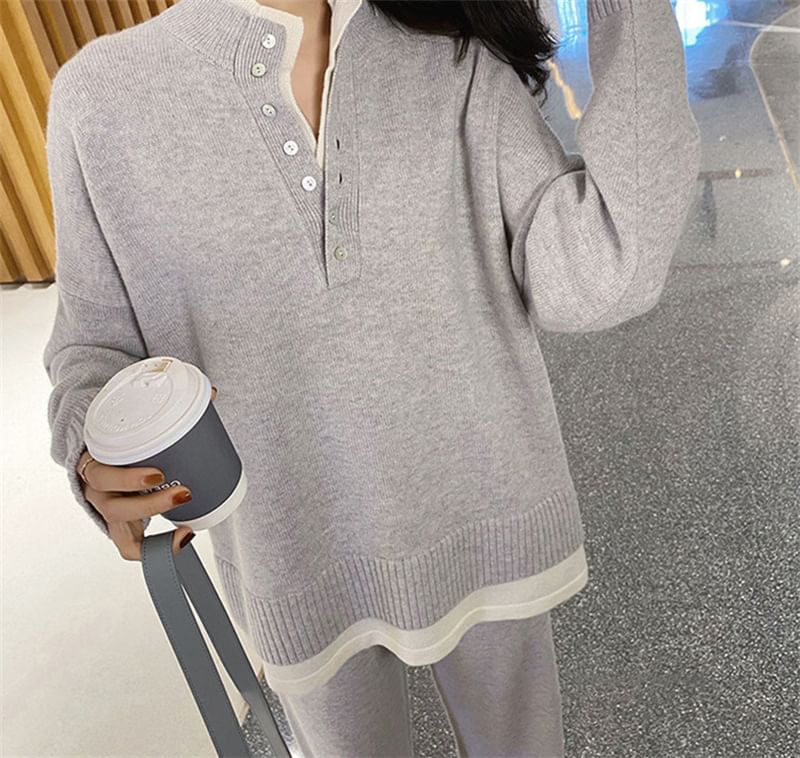 Honey River - Set: Hooggesloten trui met halve knopen en effen kleur + joggingbroek met hoge taille