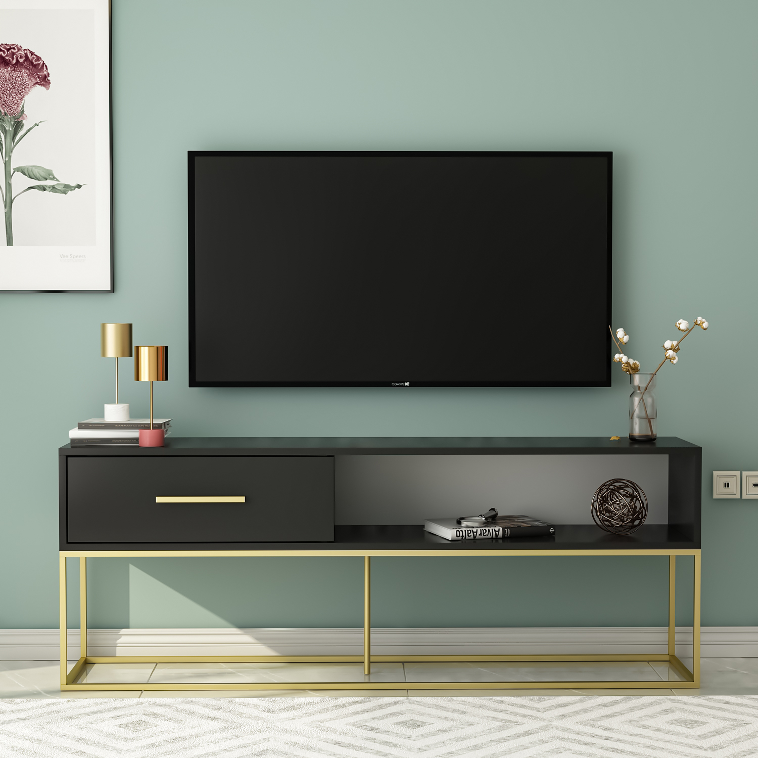TV-Lowboard - schwarz-goldfarben - mit Türklappe - 160 cm