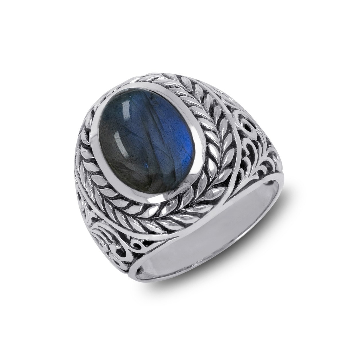 Bague Homme Argent Vieilli et Labradorite Ovale Bleue | Aden Boutique