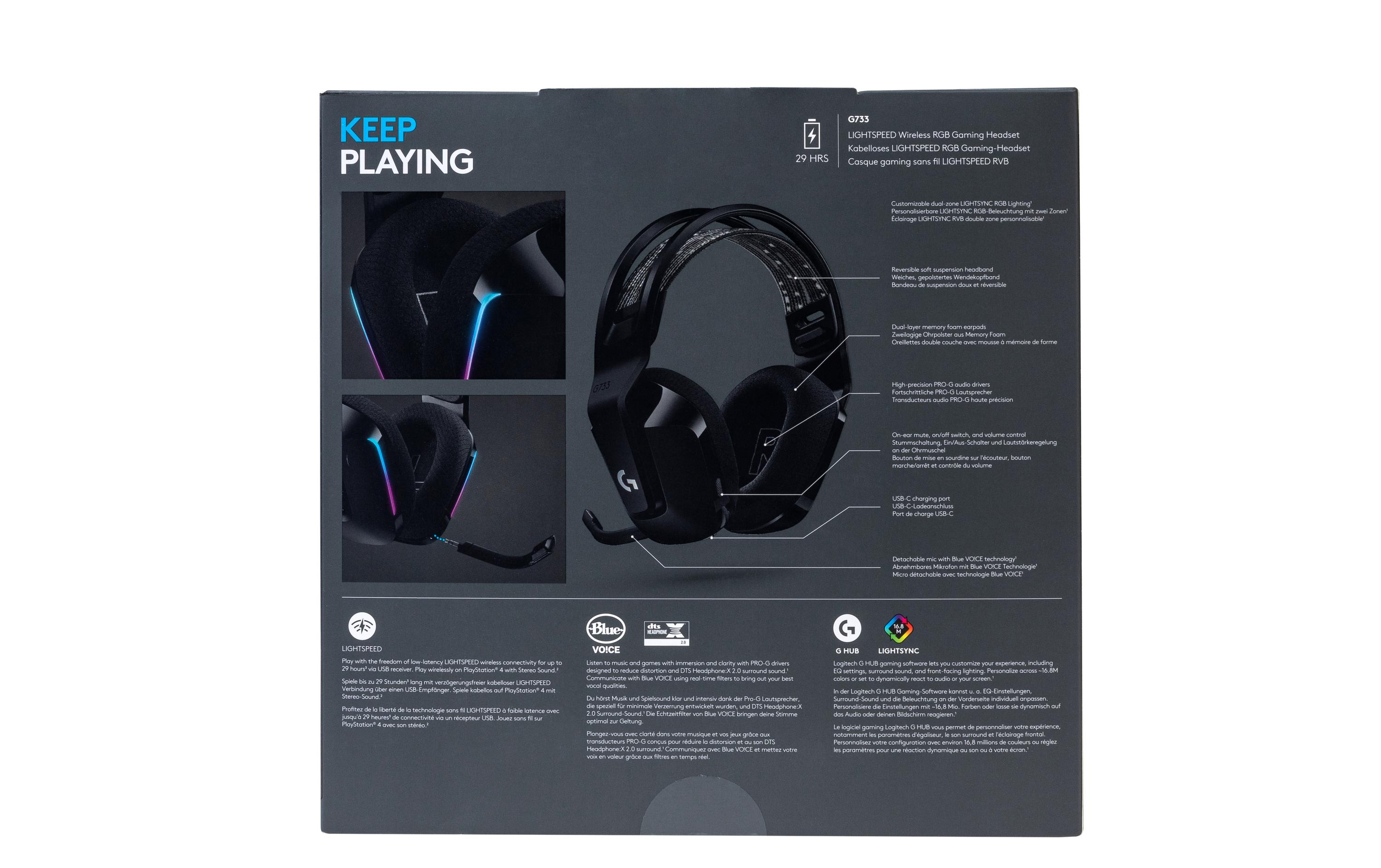 Headset G733 Lightspeed SchwarzWireless-Gaming-Headset mit DTS 7.1 Surround-Sound und RGB Beleuchtung